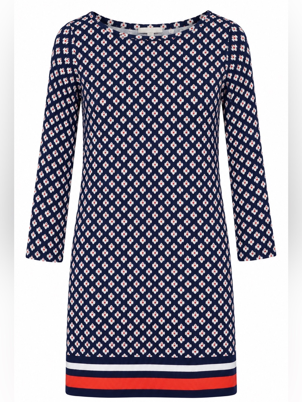 Michael Kors Navy Shift Dress with White Tile Print and Red Hem